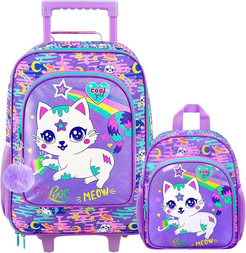 ZLYERT Store 2Pcs Girls Suitcase Set, Kids Carry on Rolling Luggage with Wheels, Cat Travel Suitcases with Toddler Backpack(Pink) - Image 1